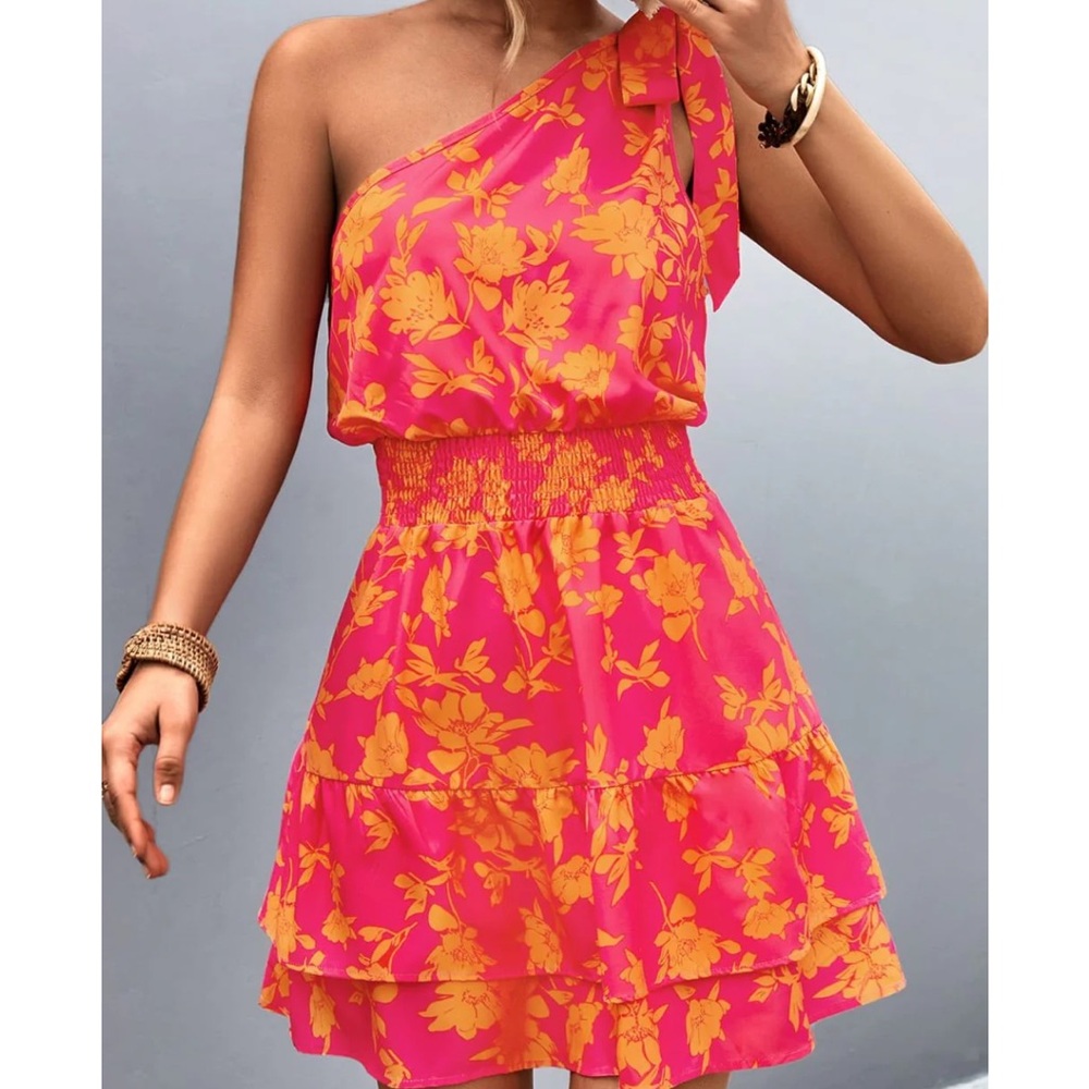 One-Shoulder Pink Floral Mini Dress